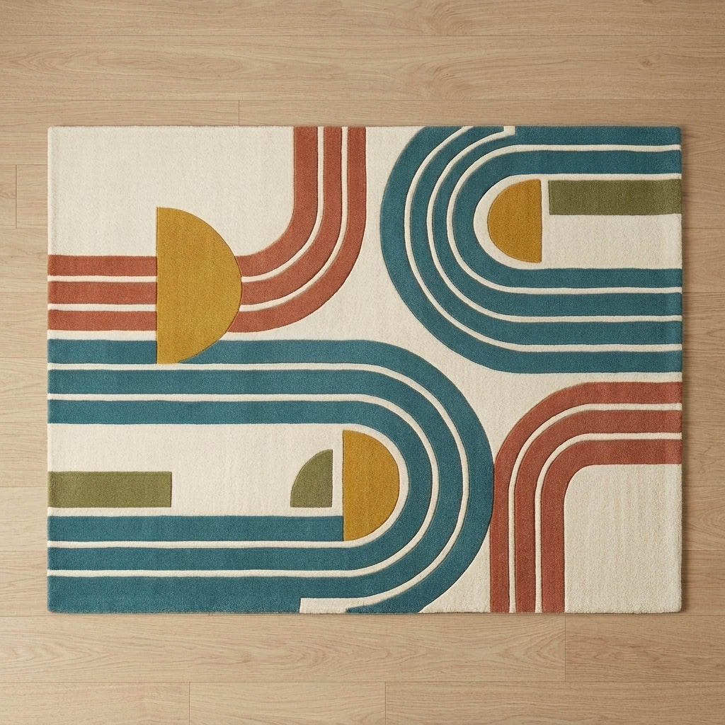 Arcadia — Terracotta & Teal Minimal Arch Rug — Carved pile detail