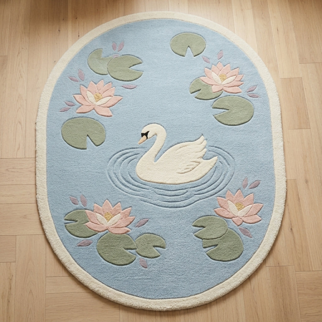 Lotus Pond — Swan Oval Rug — Carved pile detail