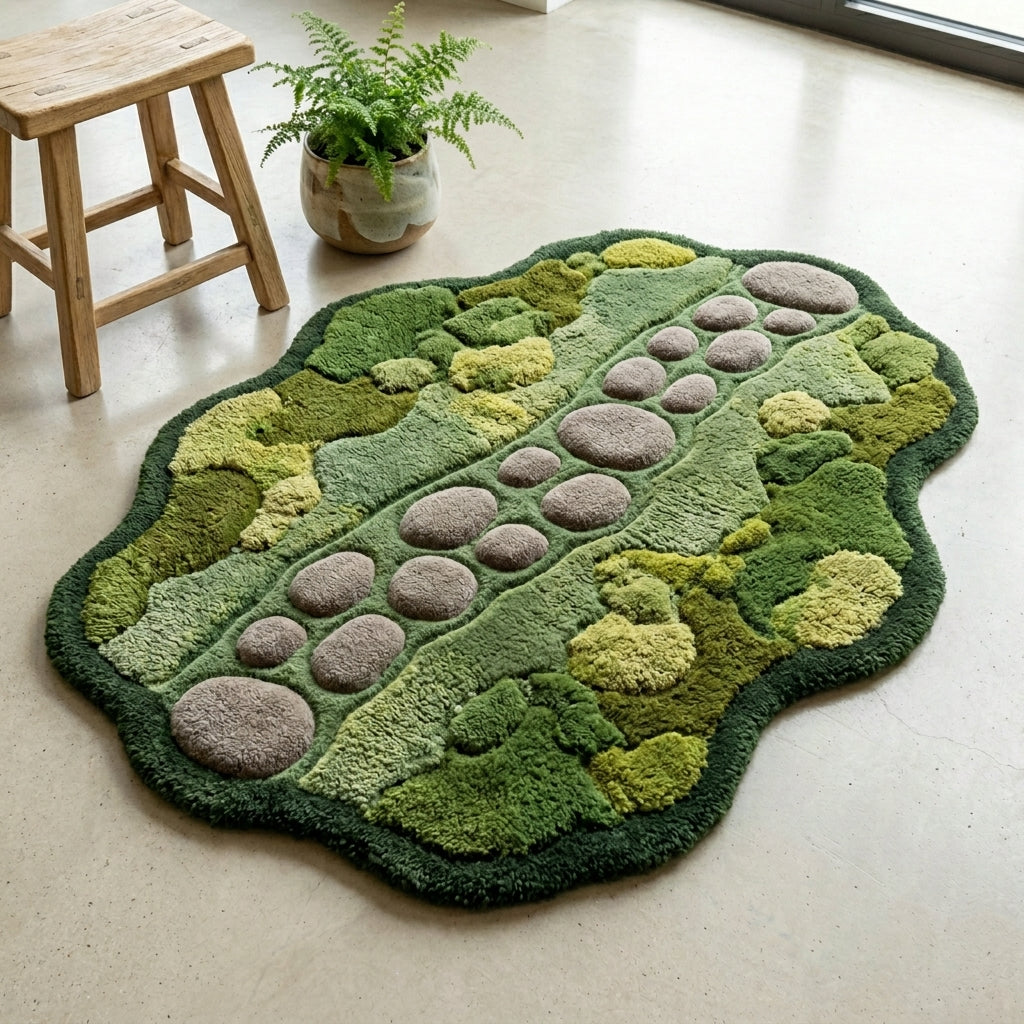 Stillwater — Moss & Pebble Structured Path Rug — Carved pile detail