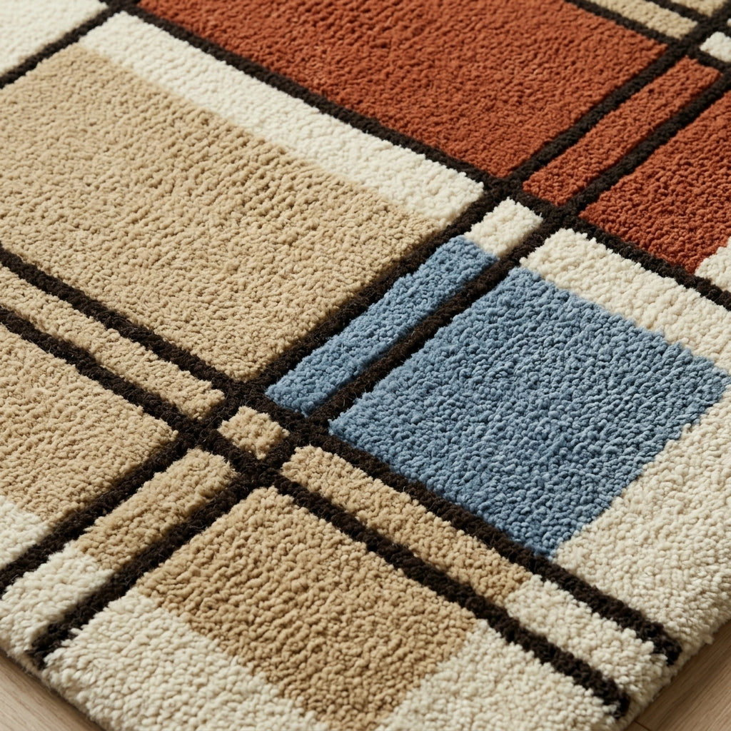 Olive Grid — Bauhaus Block Rug — Carved pile detail