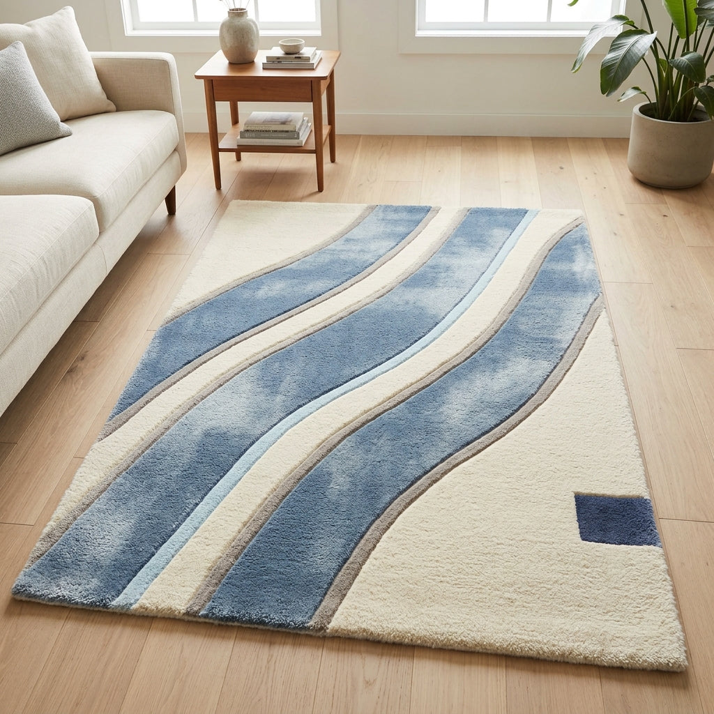 Denim Wave — Cream & Blue Soft Wave Rug — Hero / room / overview