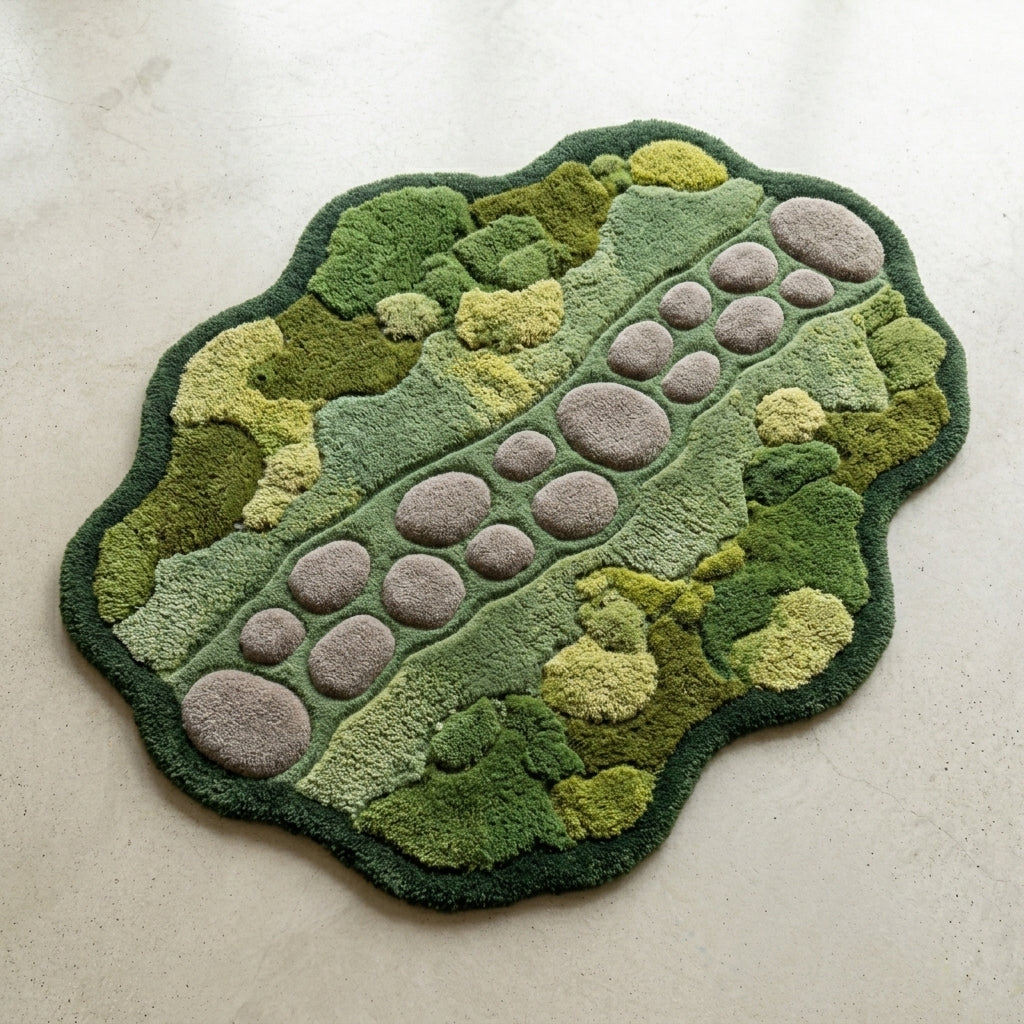 Stillwater — Moss & Pebble Structured Path Rug — Macro / tufting close-up