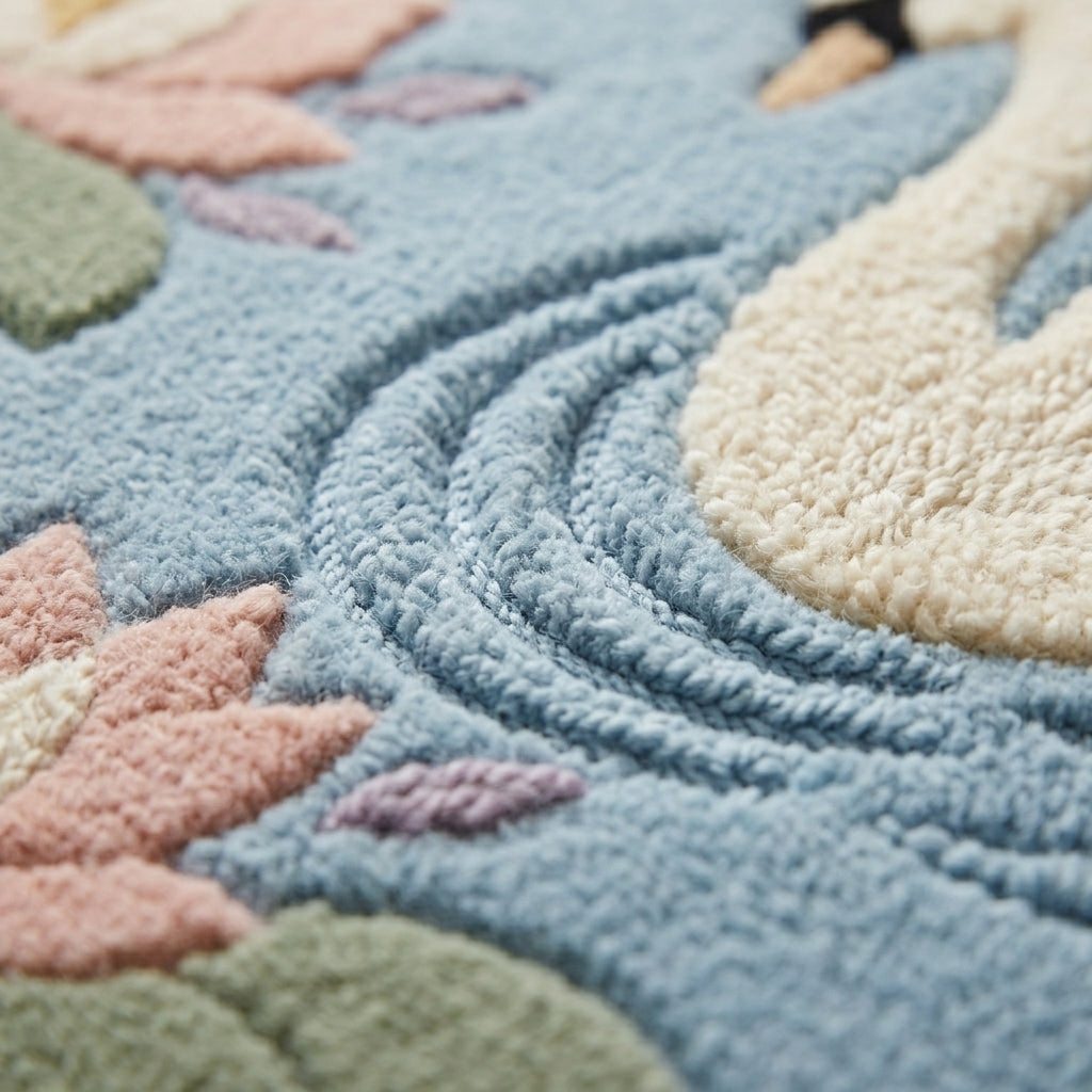 Lotus Pond — Swan Oval Rug — Macro / tufting close-up