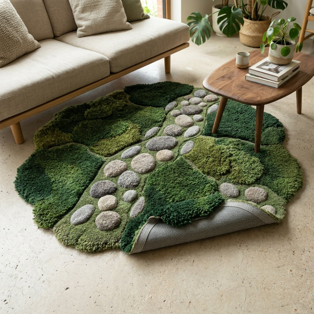 Stillwater — Moss & Pebble Structured Path Rug — Hero / room / overview