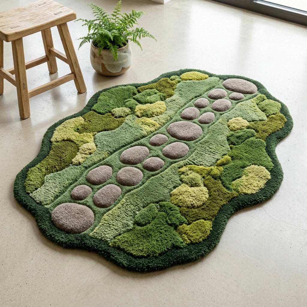 Stillwater — Moss & Pebble Structured Path Rug — Hero / room / overview