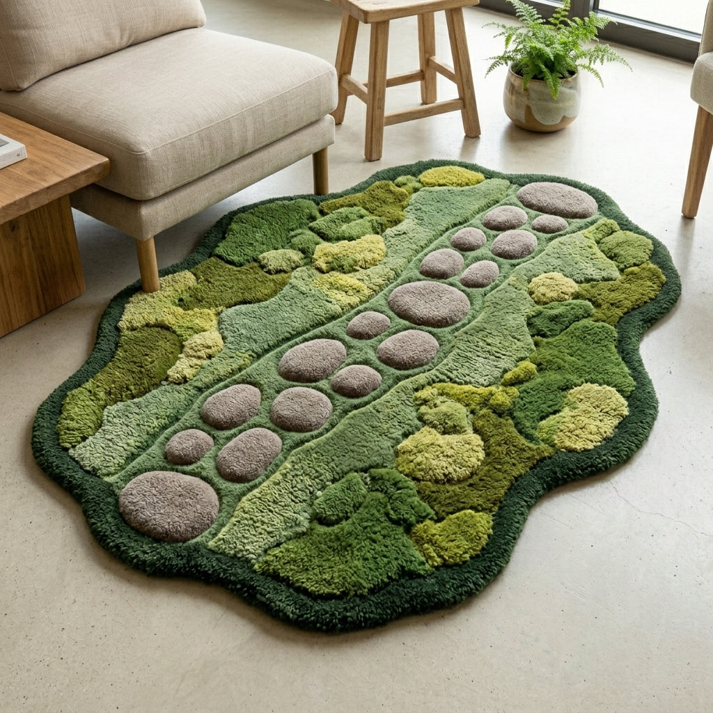 Stillwater — Moss & Pebble Structured Path Rug — Hero / room / overview
