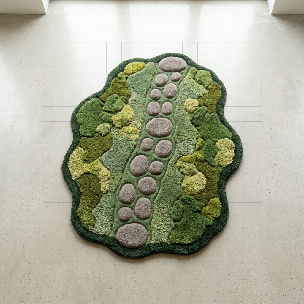 Stillwater — Moss & Pebble Structured Path Rug — Hero / room / overview
