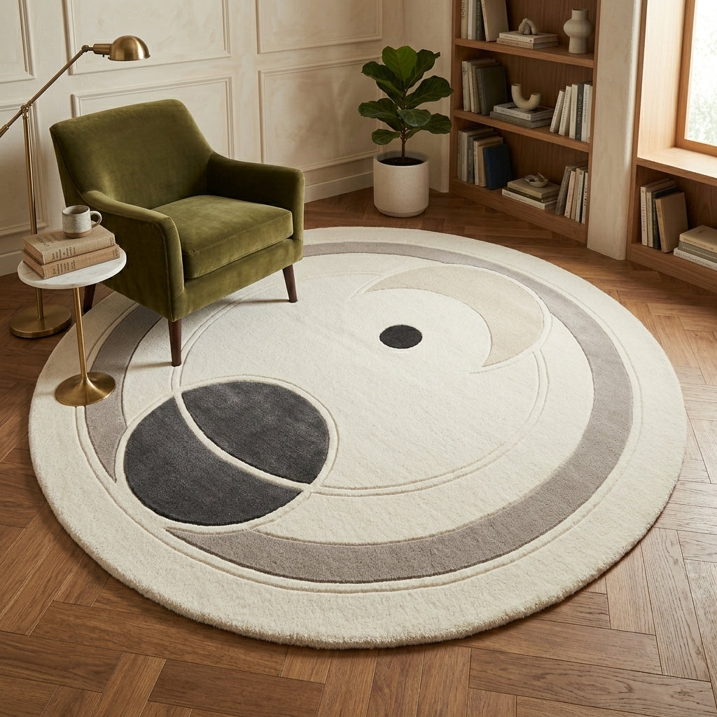 Monochrome Orbit — Round Rug — Hero / room / overview