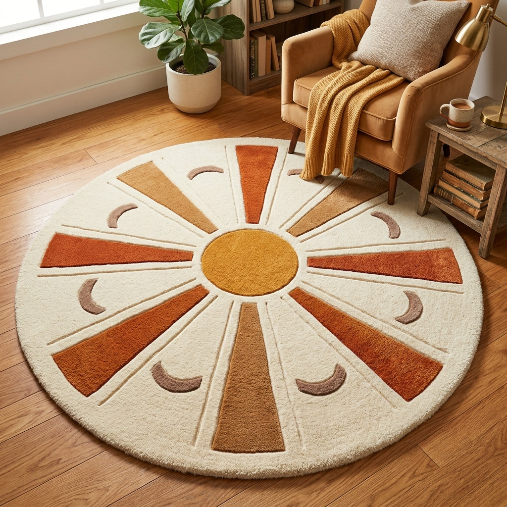 Ochre Sunburst — Round Rug — Hero / room / overview