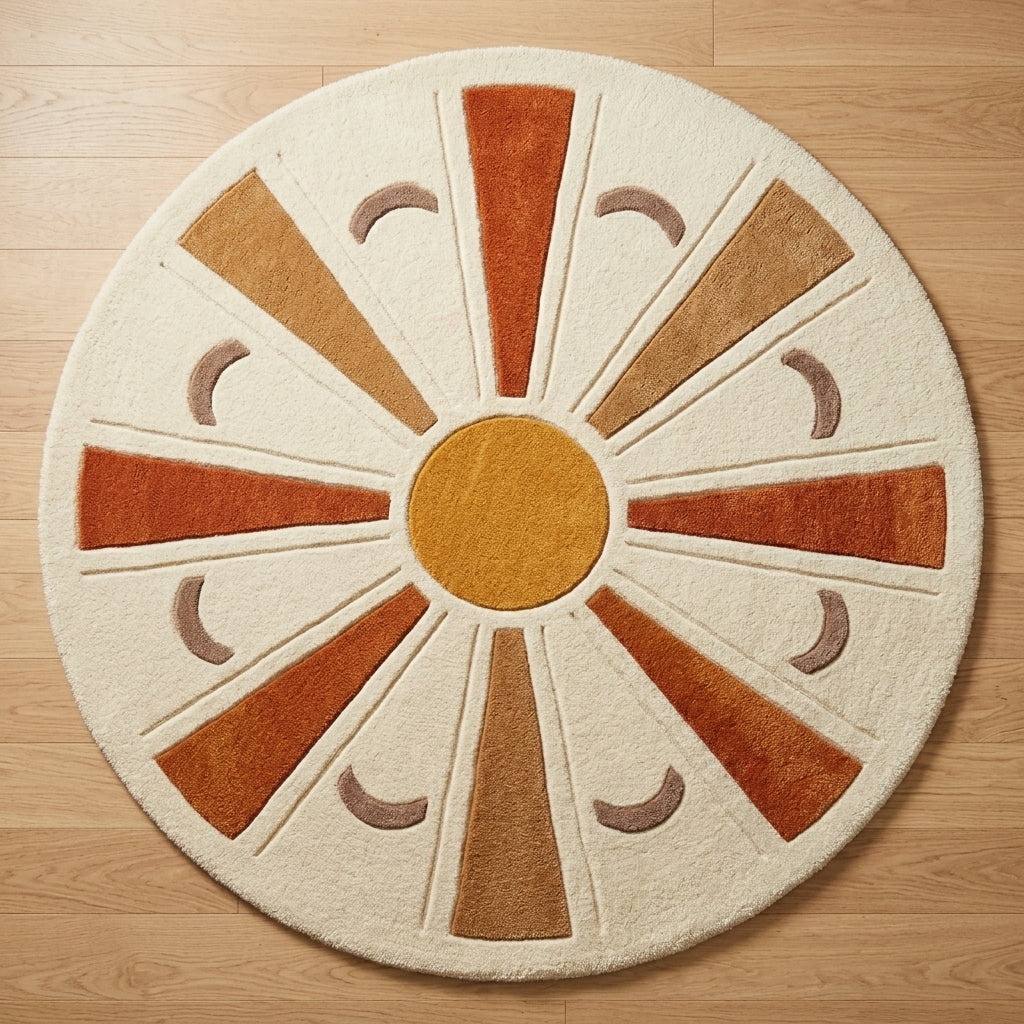 Ochre Sunburst — Round Rug — Hero / room / overview
