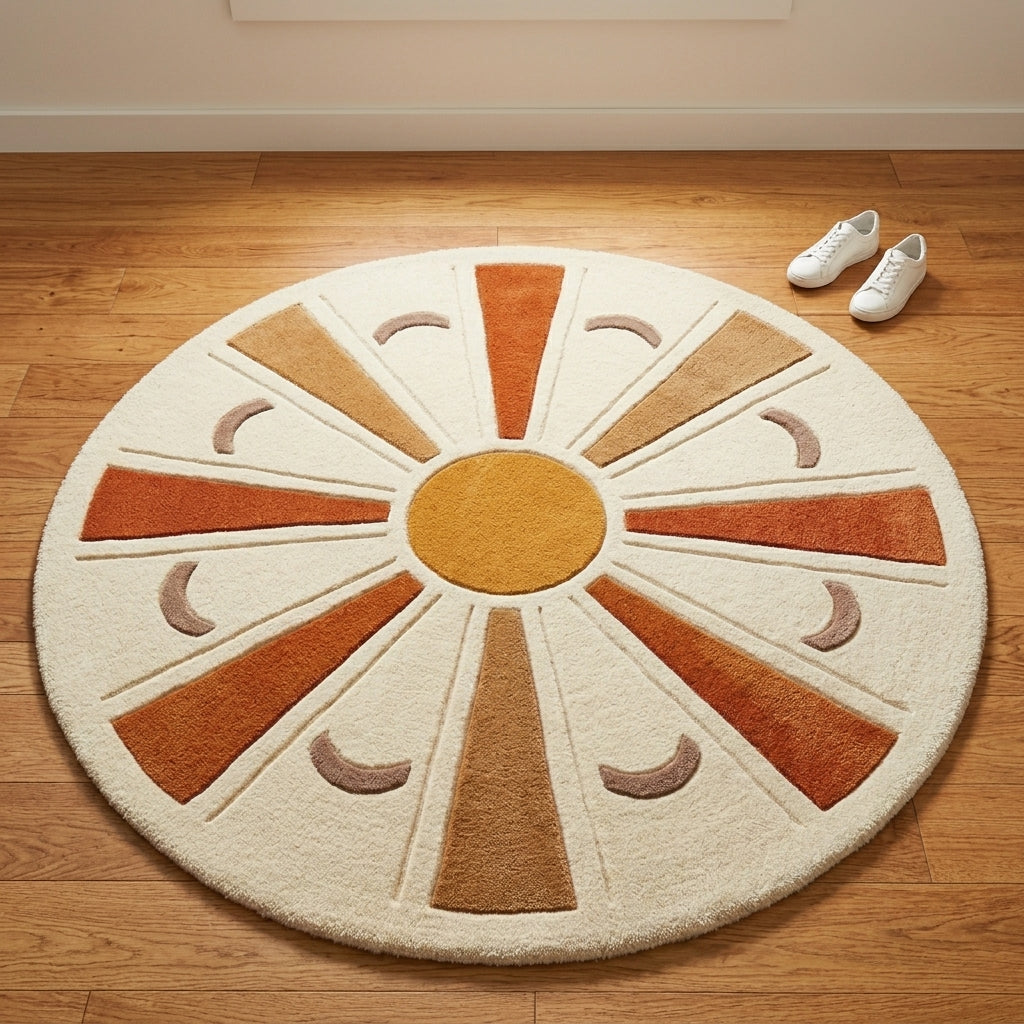 Ochre Sunburst — Round Rug — Hero / room / overview