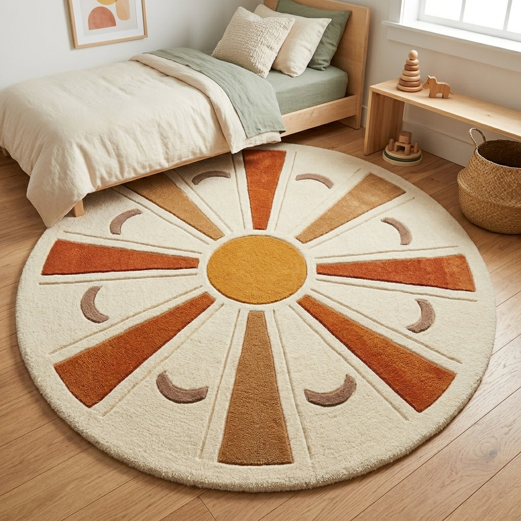 Ochre Sunburst — Round Rug — Hero / room / overview