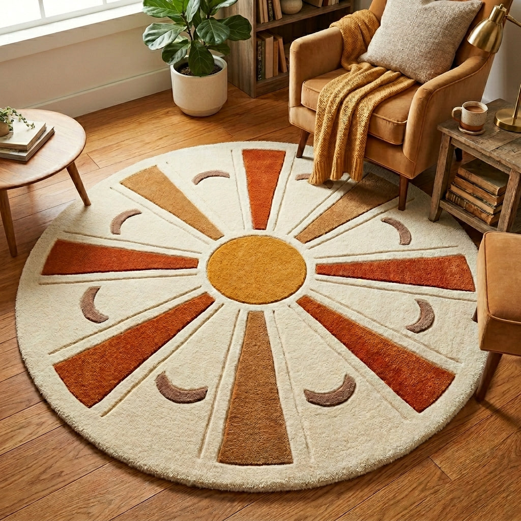 Ochre Sunburst — Round Rug — Hero / room / overview