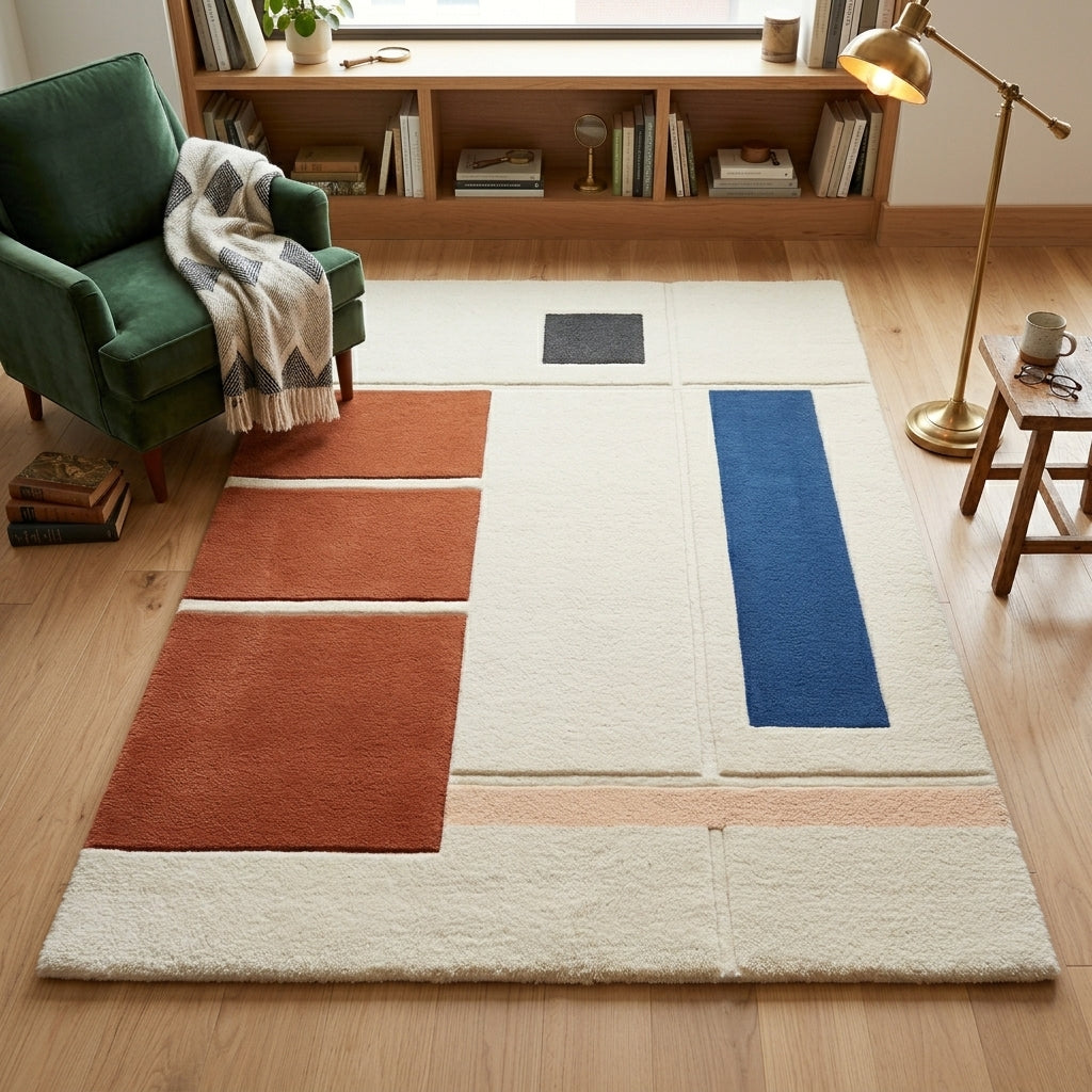 Clay & Cobalt Stack Rug — Hero / room / overview
