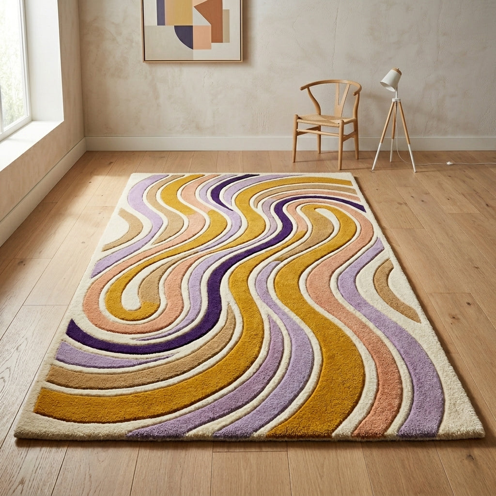 Lavender & Mustard Contour Waves Rug — Hero / room / overview