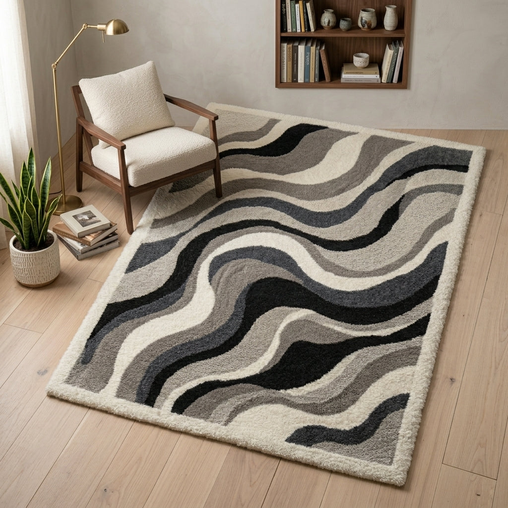 Monochrome Contour Waves Rug — Hero / room / overview