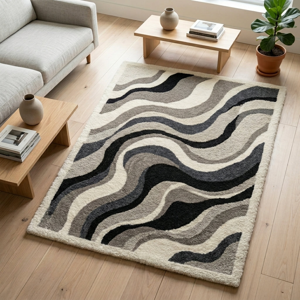 Monochrome Contour Waves Rug — Hero / room / overview