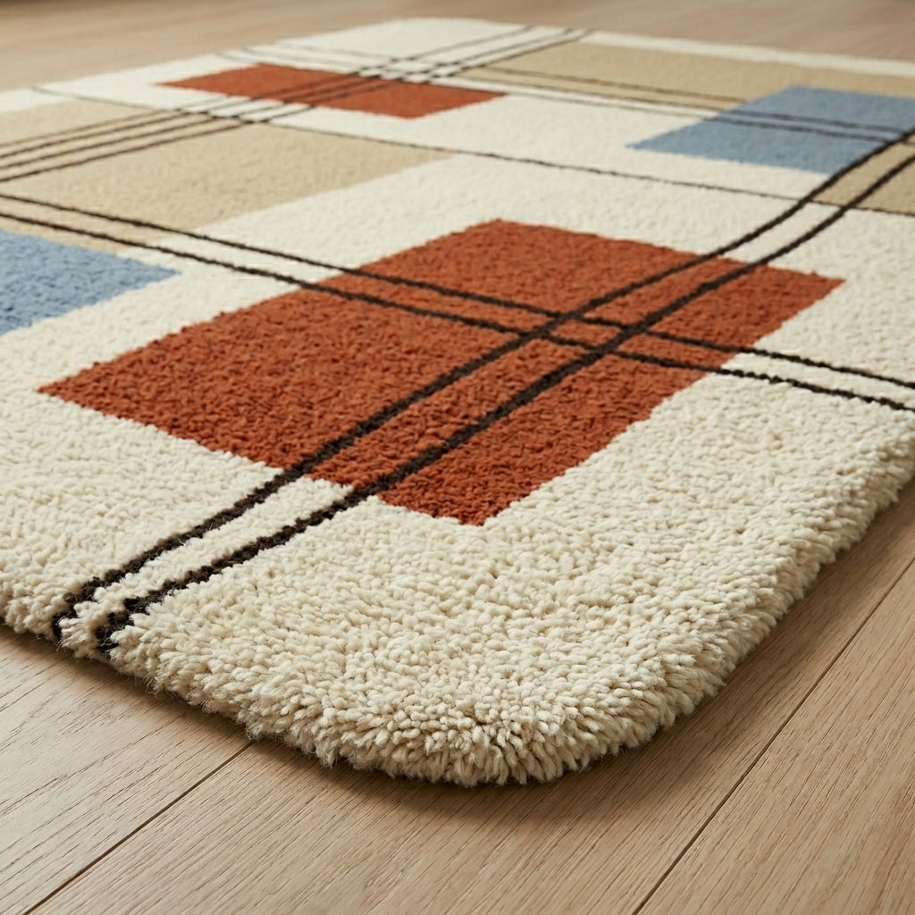 Olive Grid — Bauhaus Block Rug — Hero / room / overview