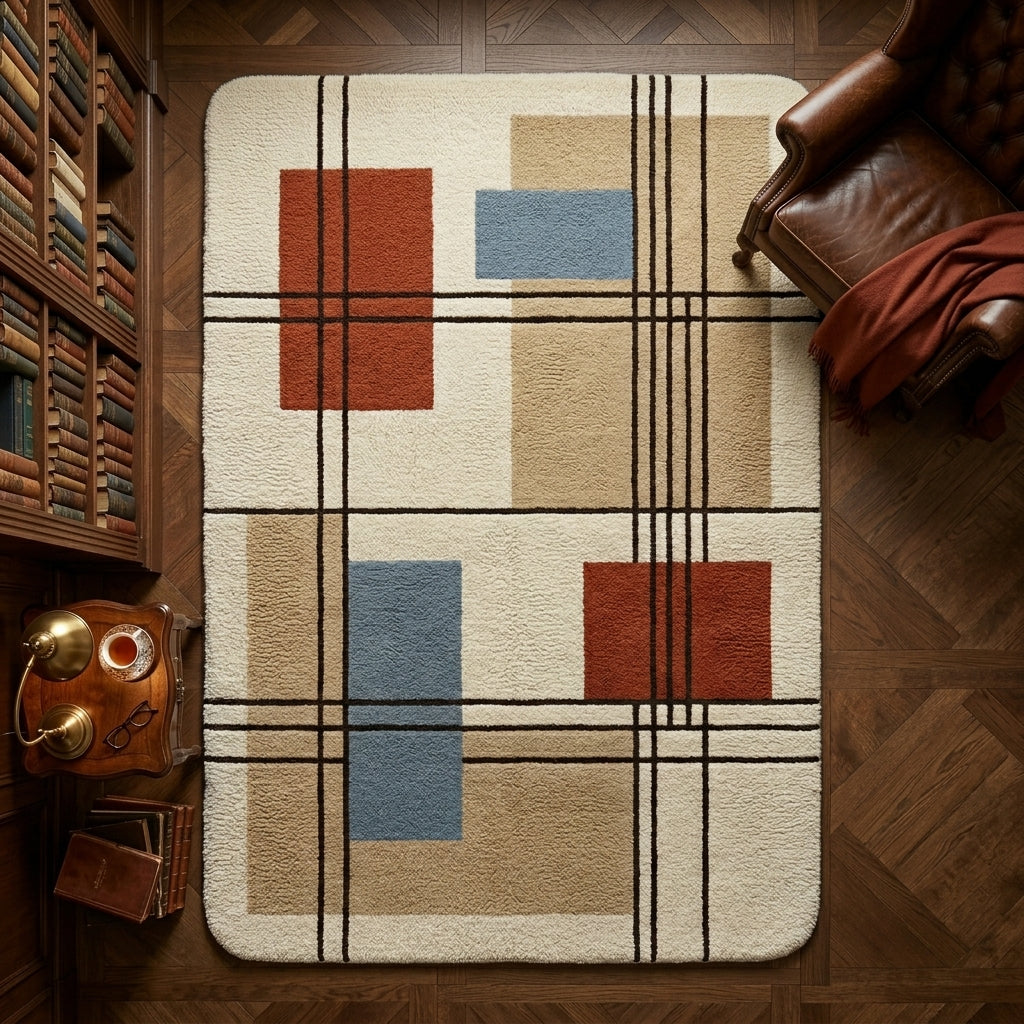 Olive Grid — Bauhaus Block Rug — Hero / room / overview