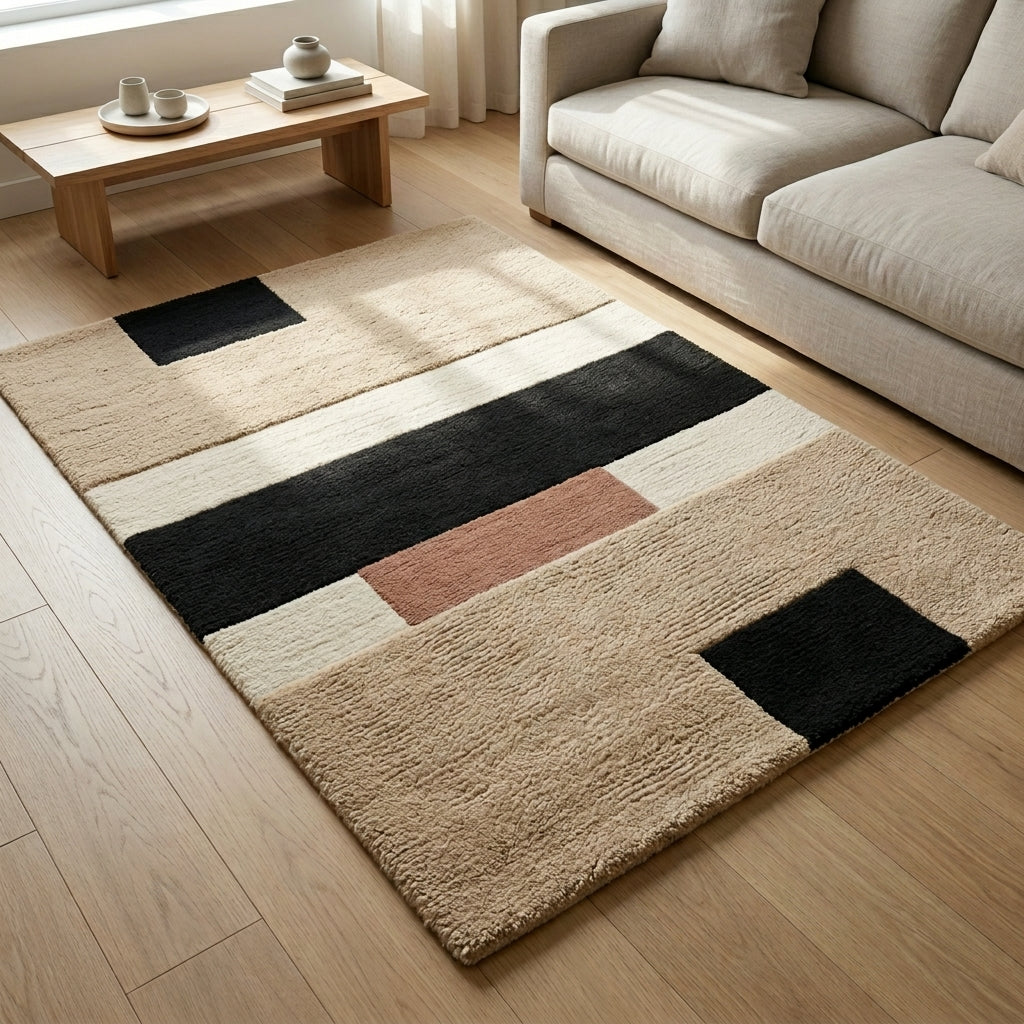 River Blocks — Sand & Black Rug — Hero / room / overview