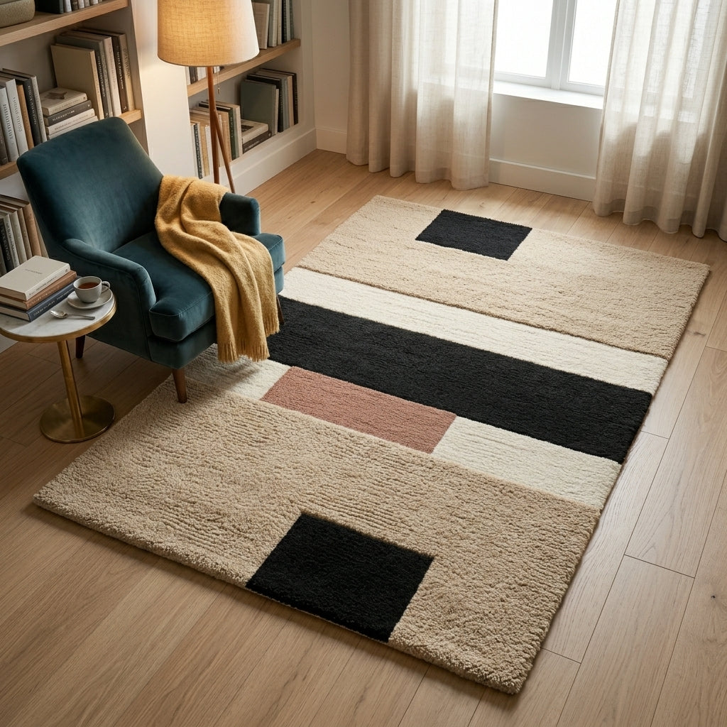 River Blocks — Sand & Black Rug — Hero / room / overview