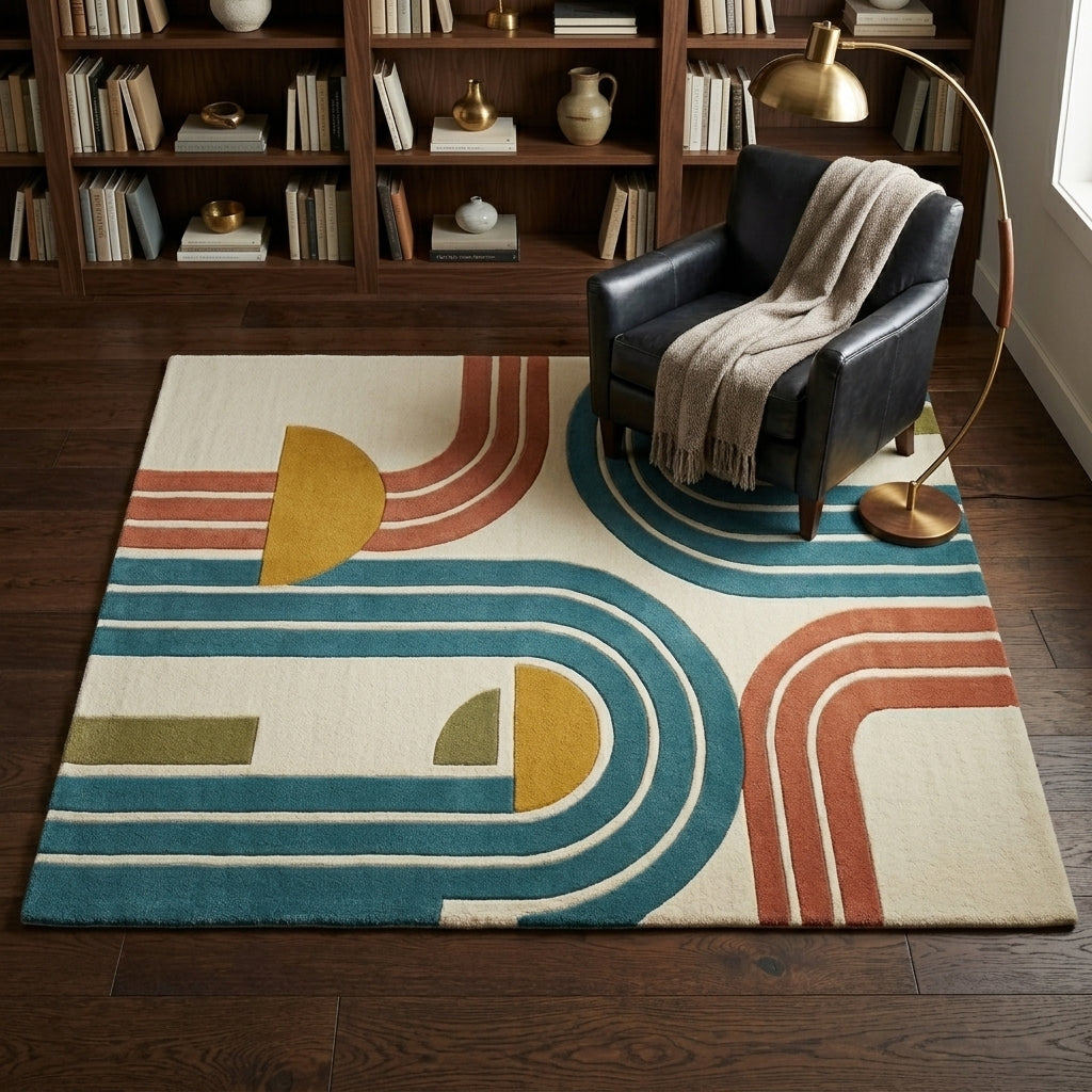 Arcadia — Terracotta & Teal Minimal Arch Rug — Hero / room / overview