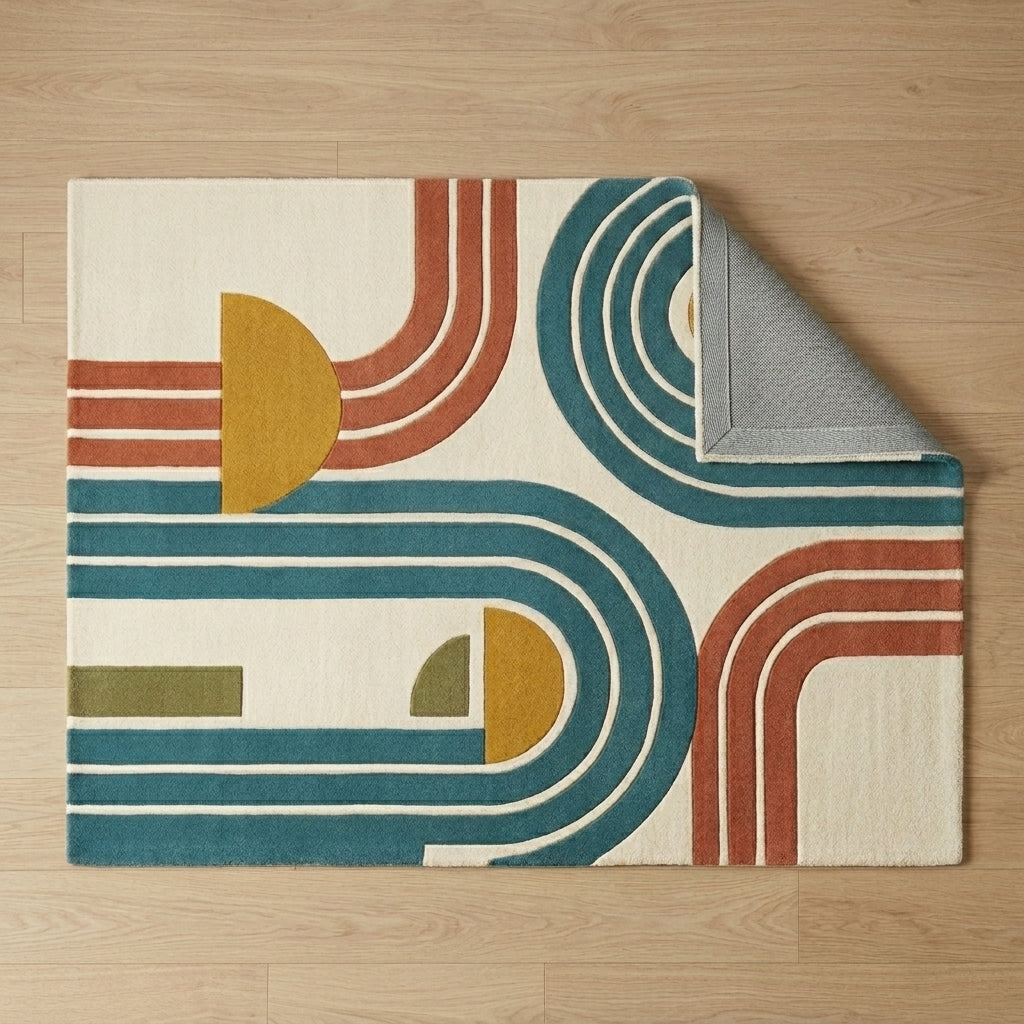 Arcadia — Terracotta & Teal Minimal Arch Rug — Backing detail