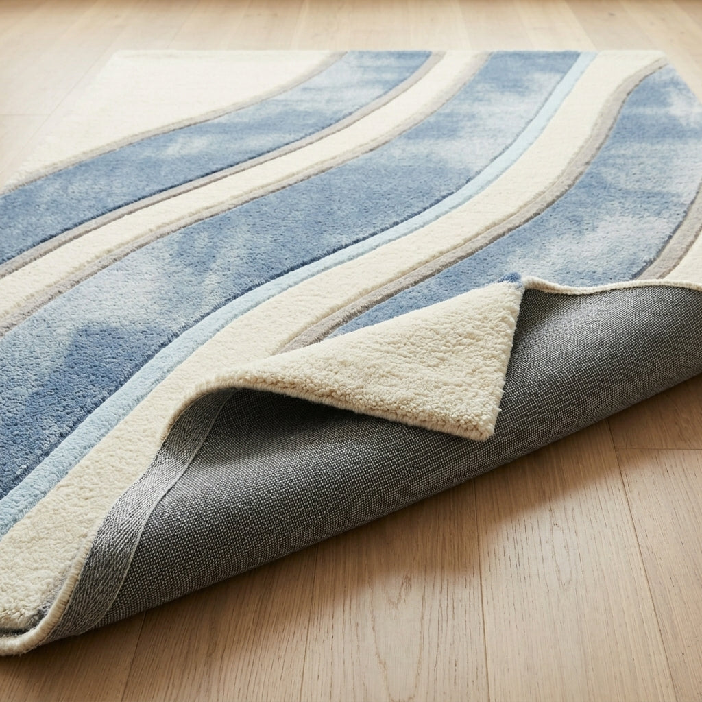 Denim Wave — Cream & Blue Soft Wave Rug — Backing detail