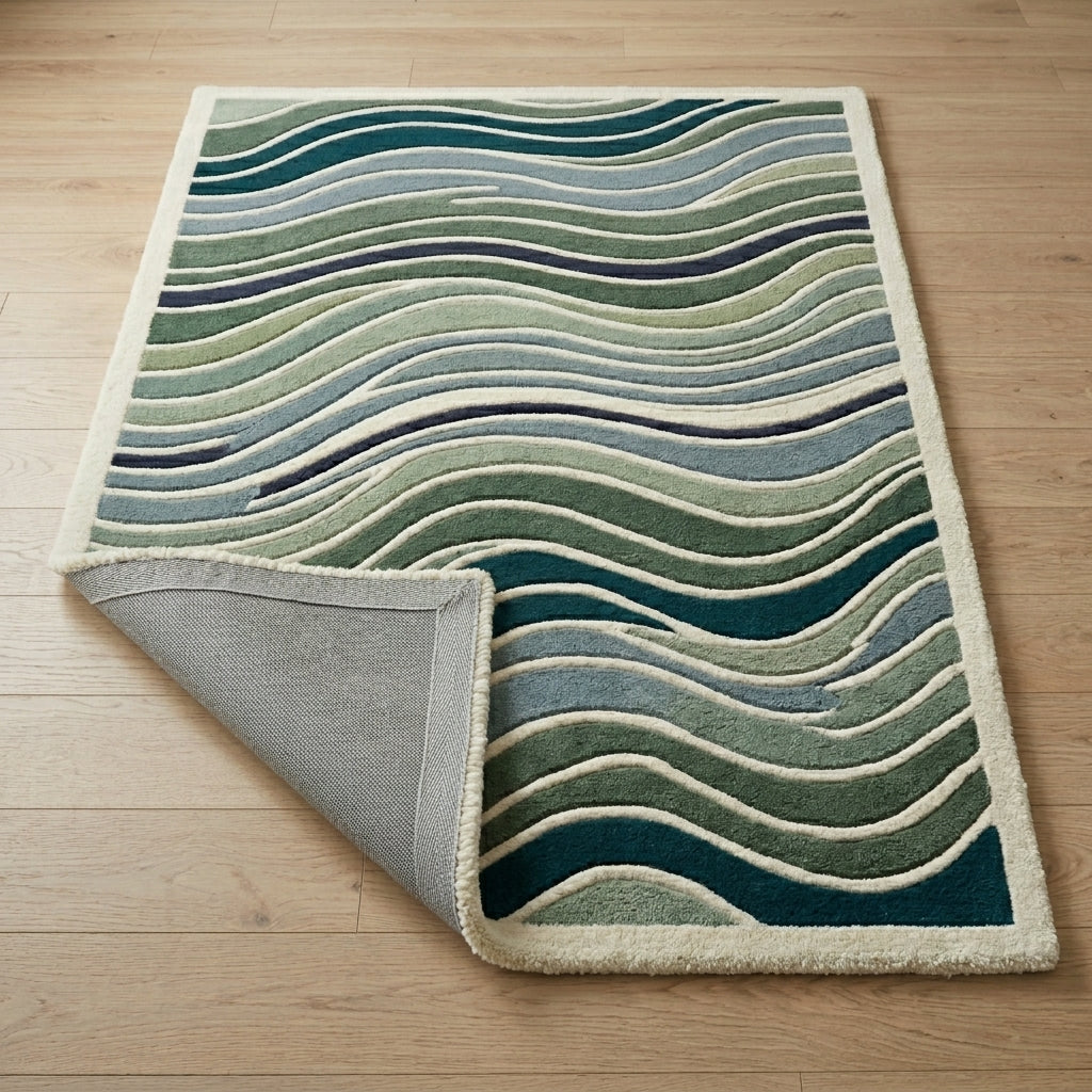 Teal & Moss Contour Waves Rug — Backing detail