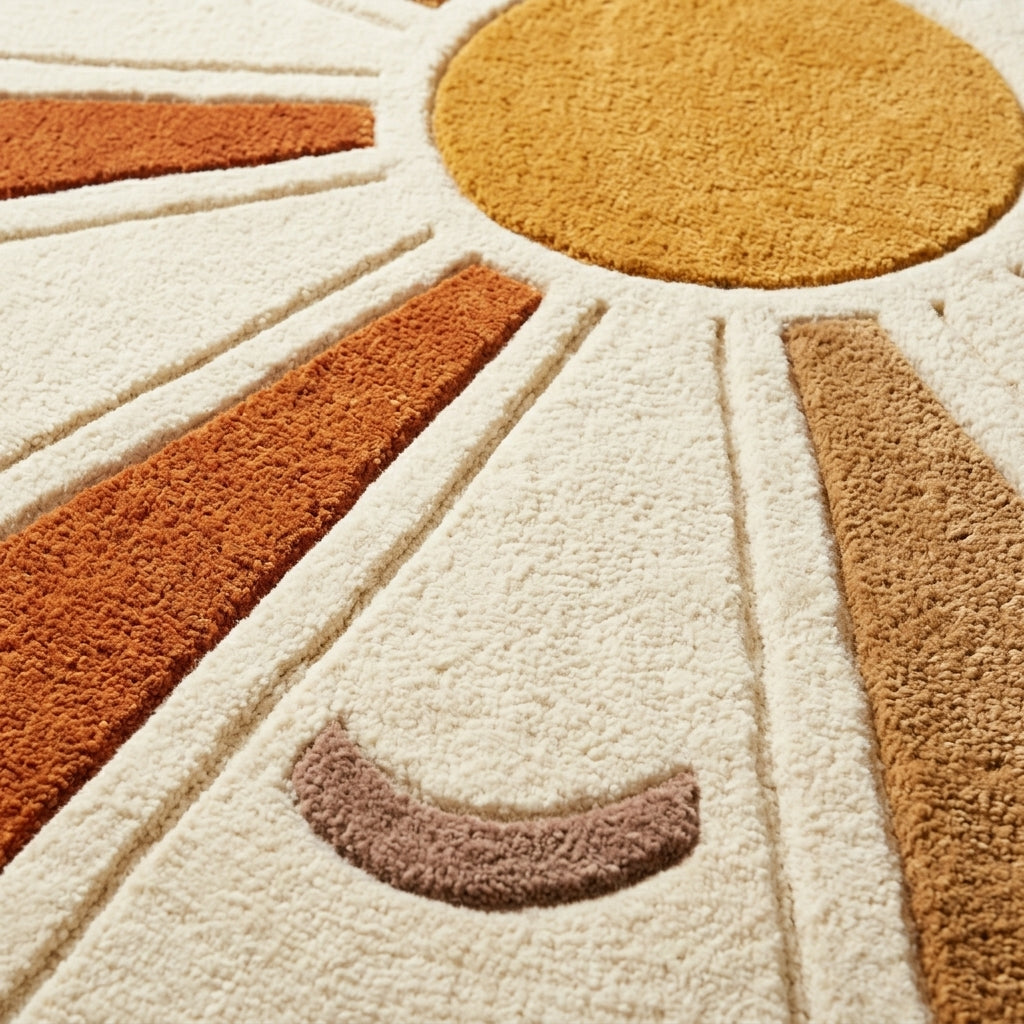 Ochre Sunburst — Round Rug — Carved pile detail