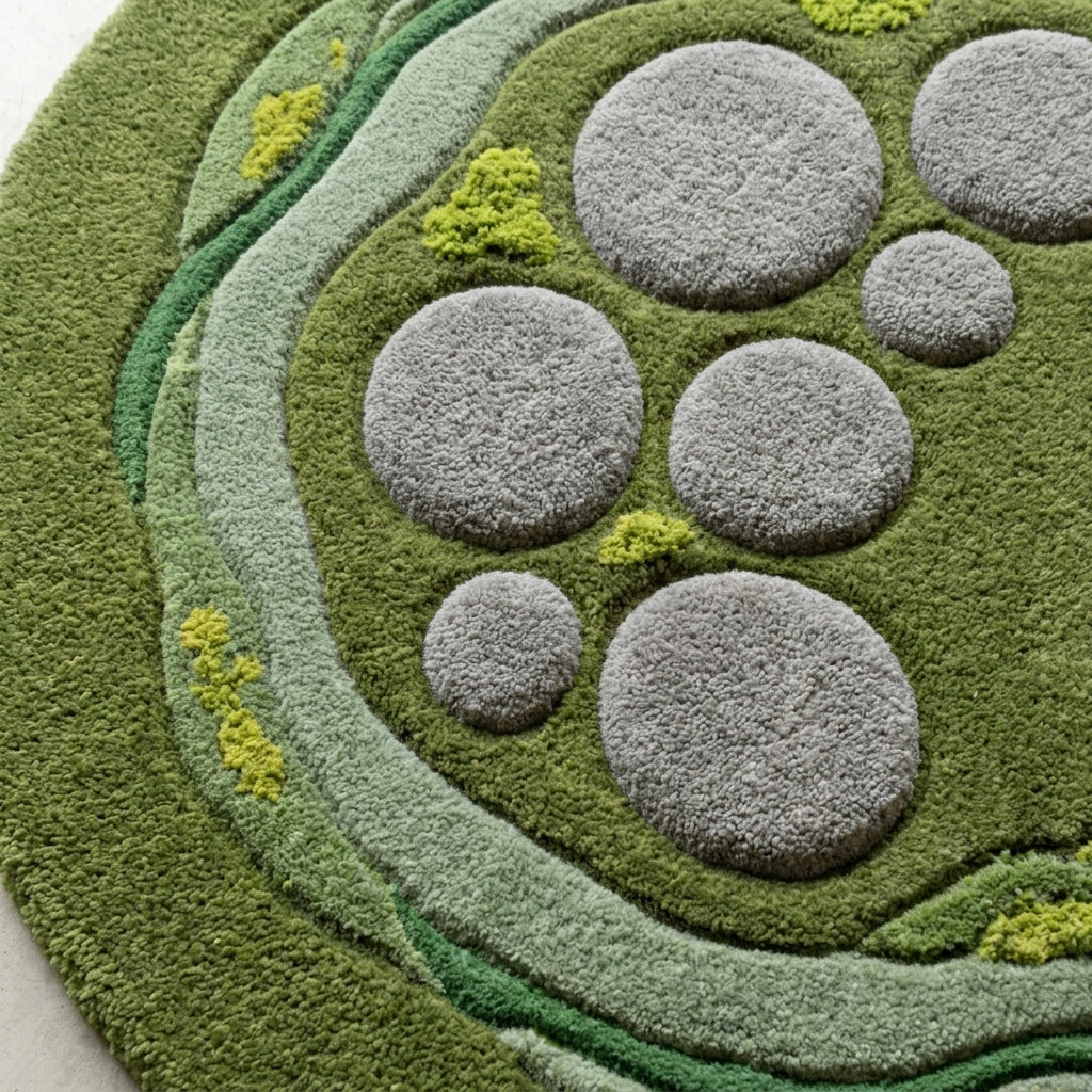 Moss Pool — Round Pebble Rug — Carved pile detail