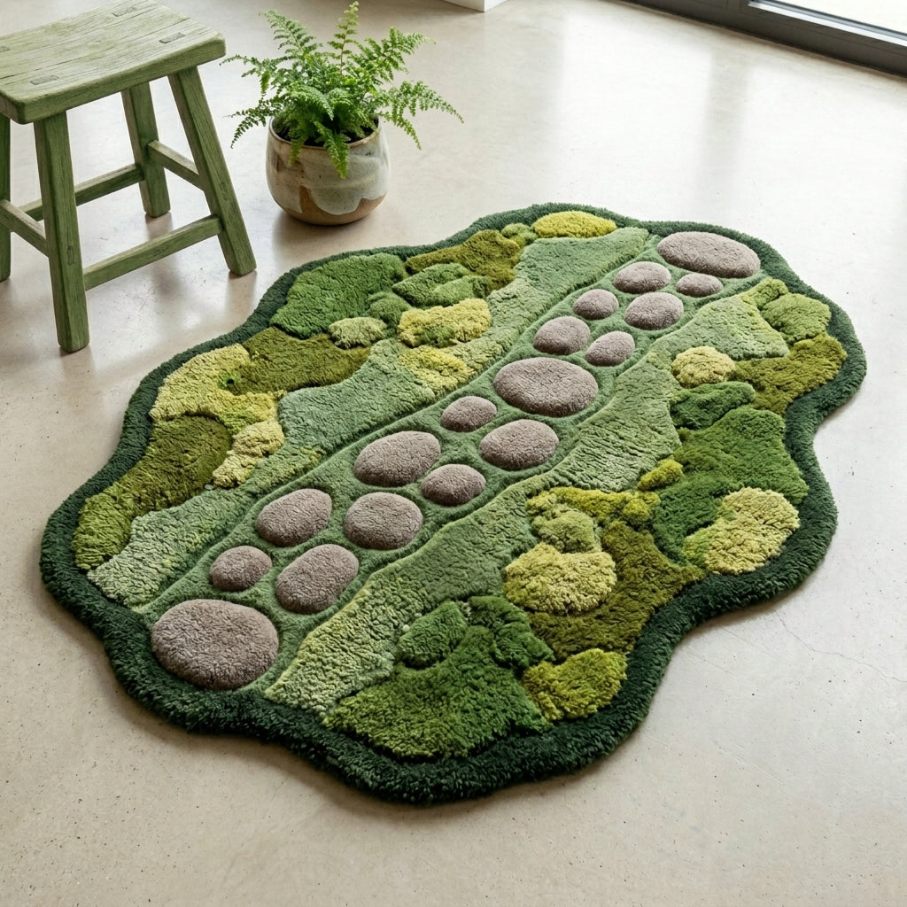 Stillwater — Moss & Pebble Structured Path Rug — Edge binding detail