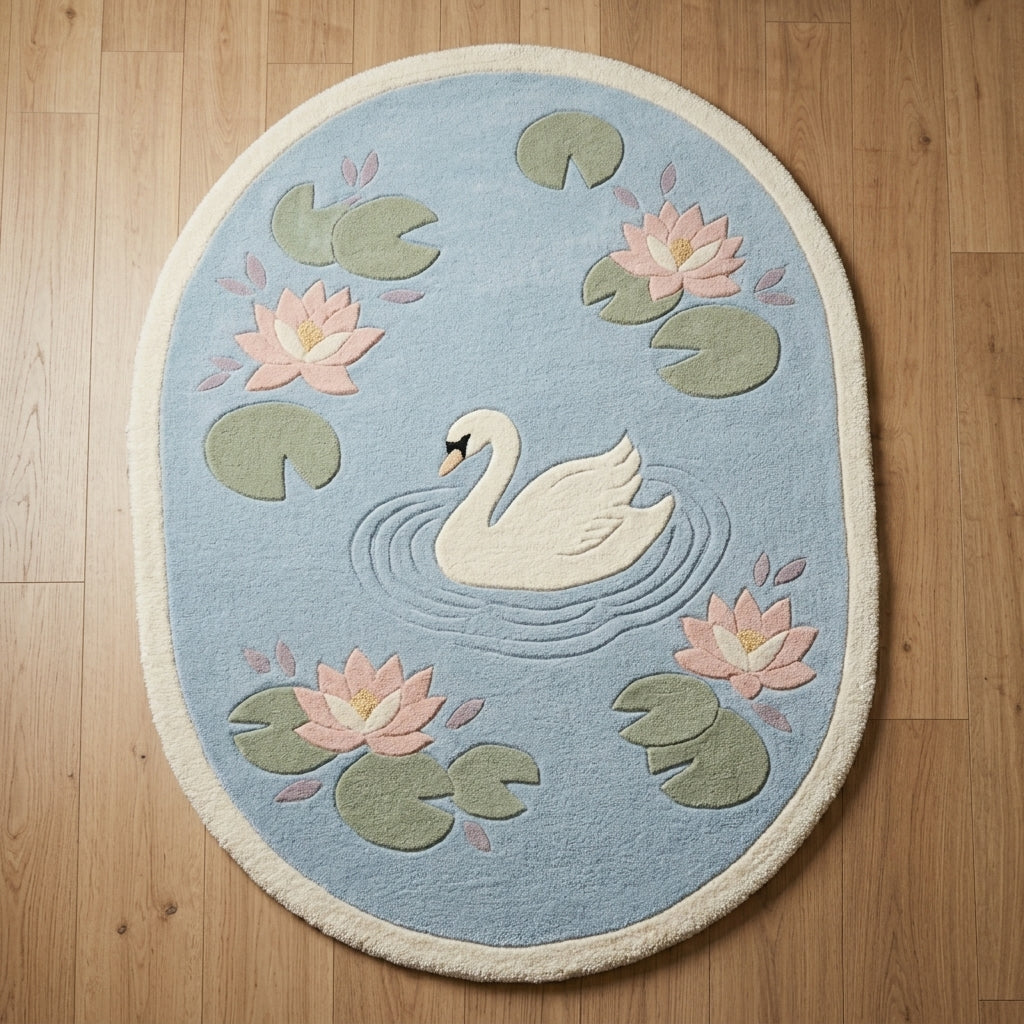 Lotus Pond — Swan Oval Rug — Edge binding detail