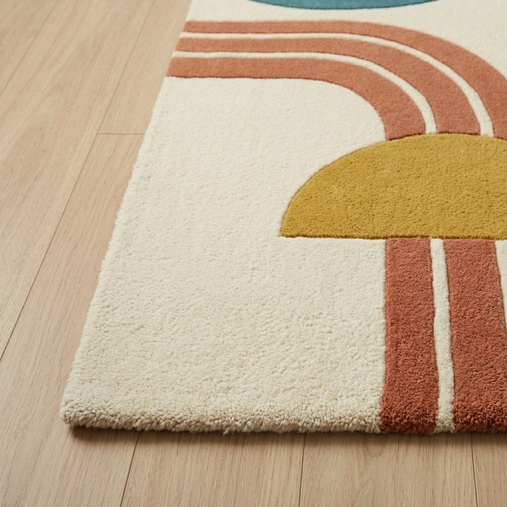 Arcadia — Terracotta & Teal Minimal Arch Rug — Edge binding detail