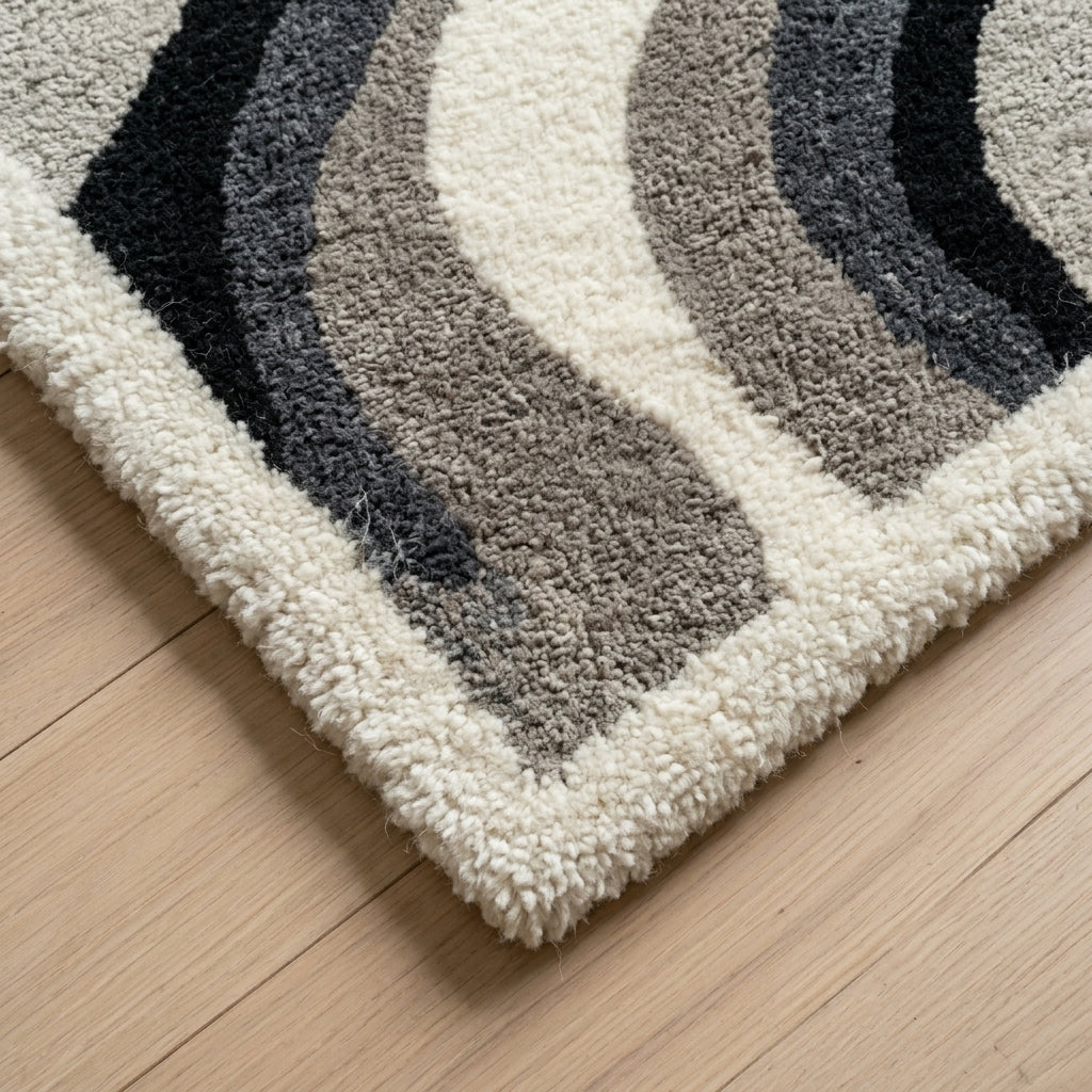 Monochrome Contour Waves Rug — Edge binding detail