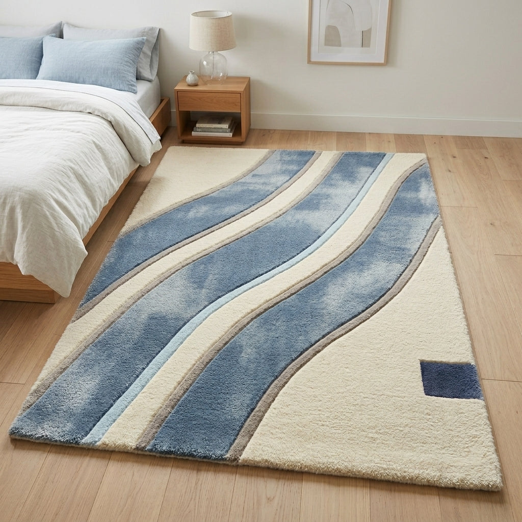 Denim Wave — Cream & Blue Soft Wave Rug — Hero / room / overview