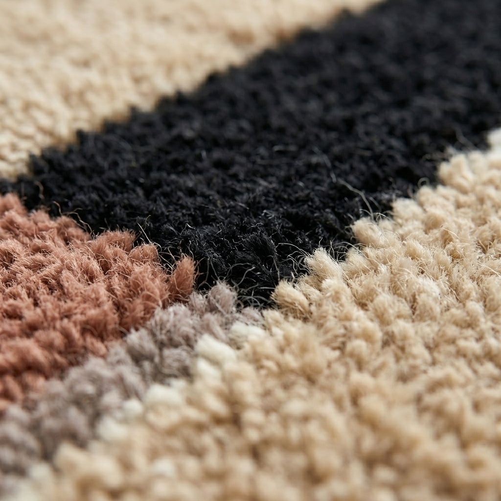 River Blocks — Sand & Black Rug — Macro / tufting close-up