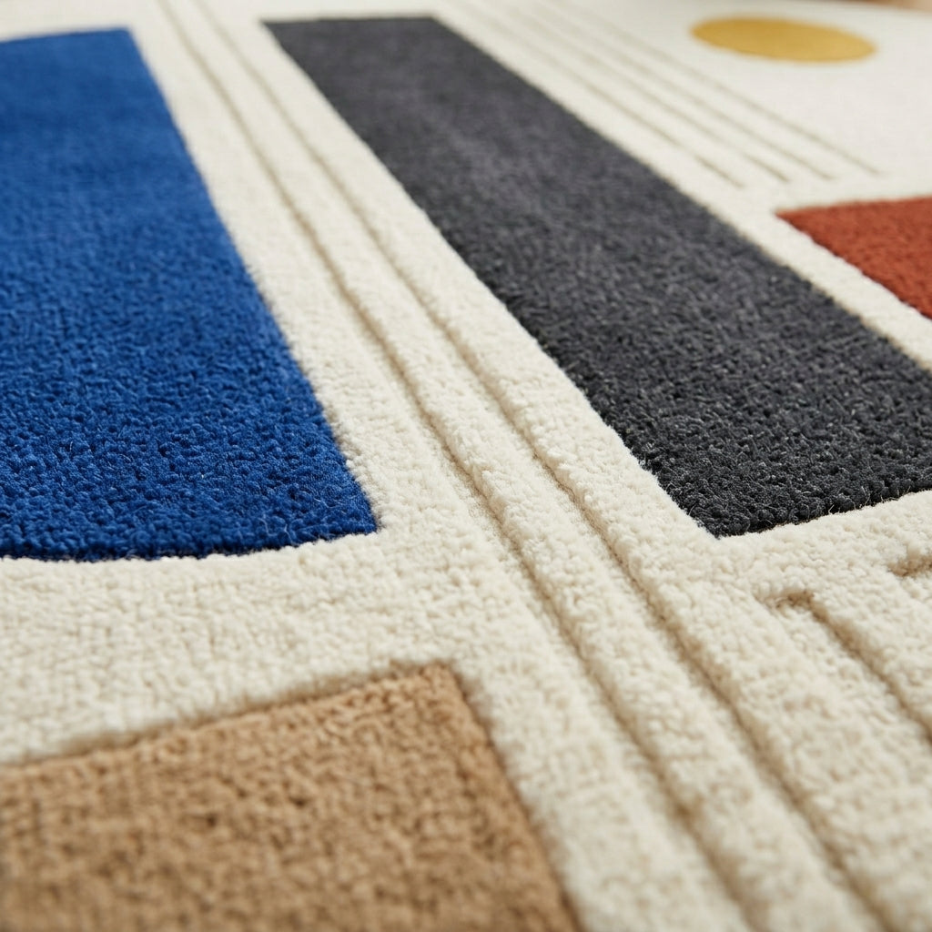 Round Bauhaus Blocks Rug — Macro / tufting close-up