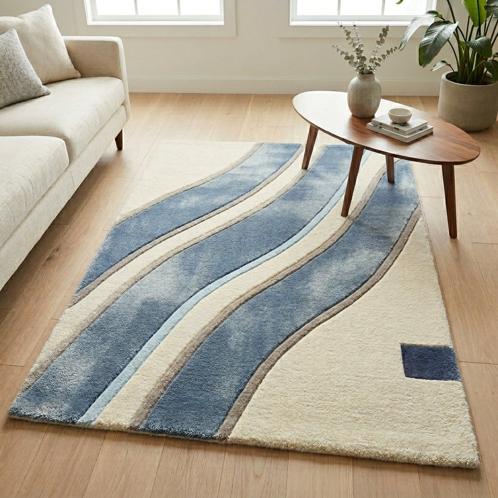 Denim Wave — Cream & Blue Soft Wave Rug — Hero / room / overview
