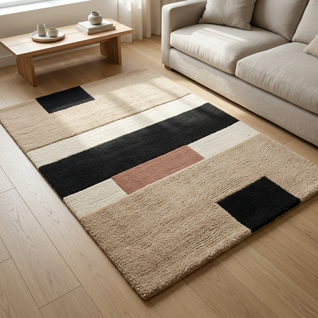 River Blocks — Sand & Black Rug — Hero / room / overview