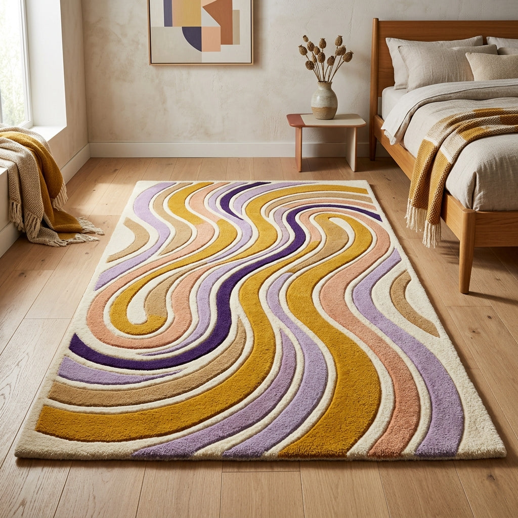 Lavender & Mustard Contour Waves Rug — Hero / room / overview