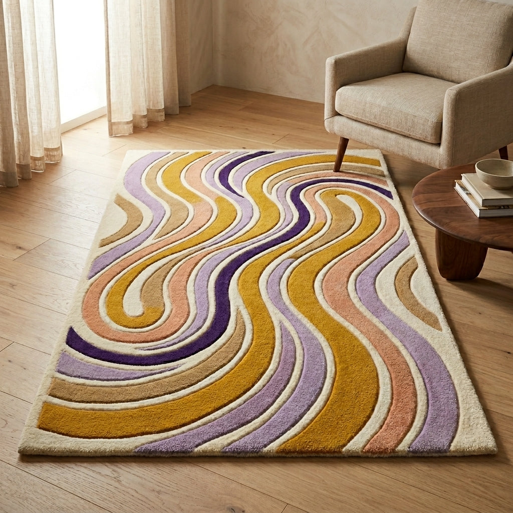 Lavender & Mustard Contour Waves Rug — Hero / room / overview