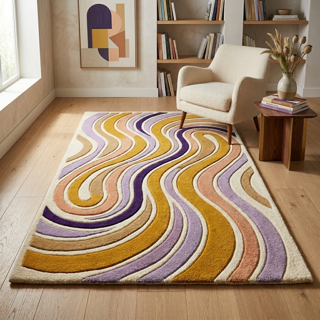 Lavender & Mustard Contour Waves Rug — Hero / room / overview