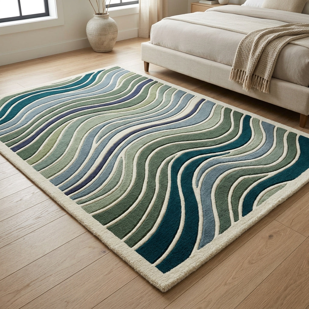 Teal & Moss Contour Waves Rug — Hero / room / overview