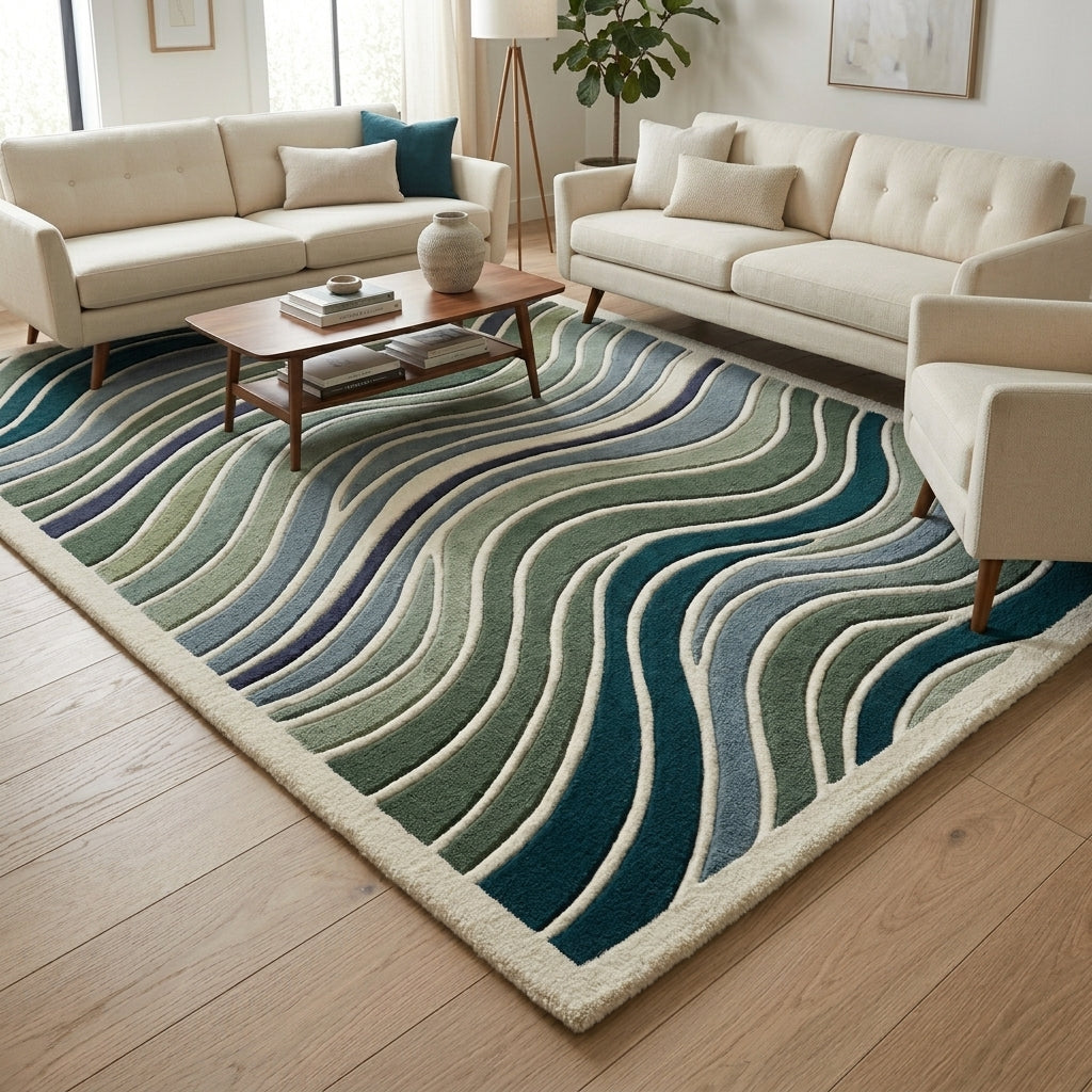 Teal & Moss Contour Waves Rug — Hero / room / overview