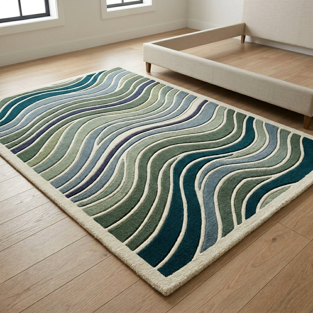 Teal & Moss Contour Waves Rug — Hero / room / overview
