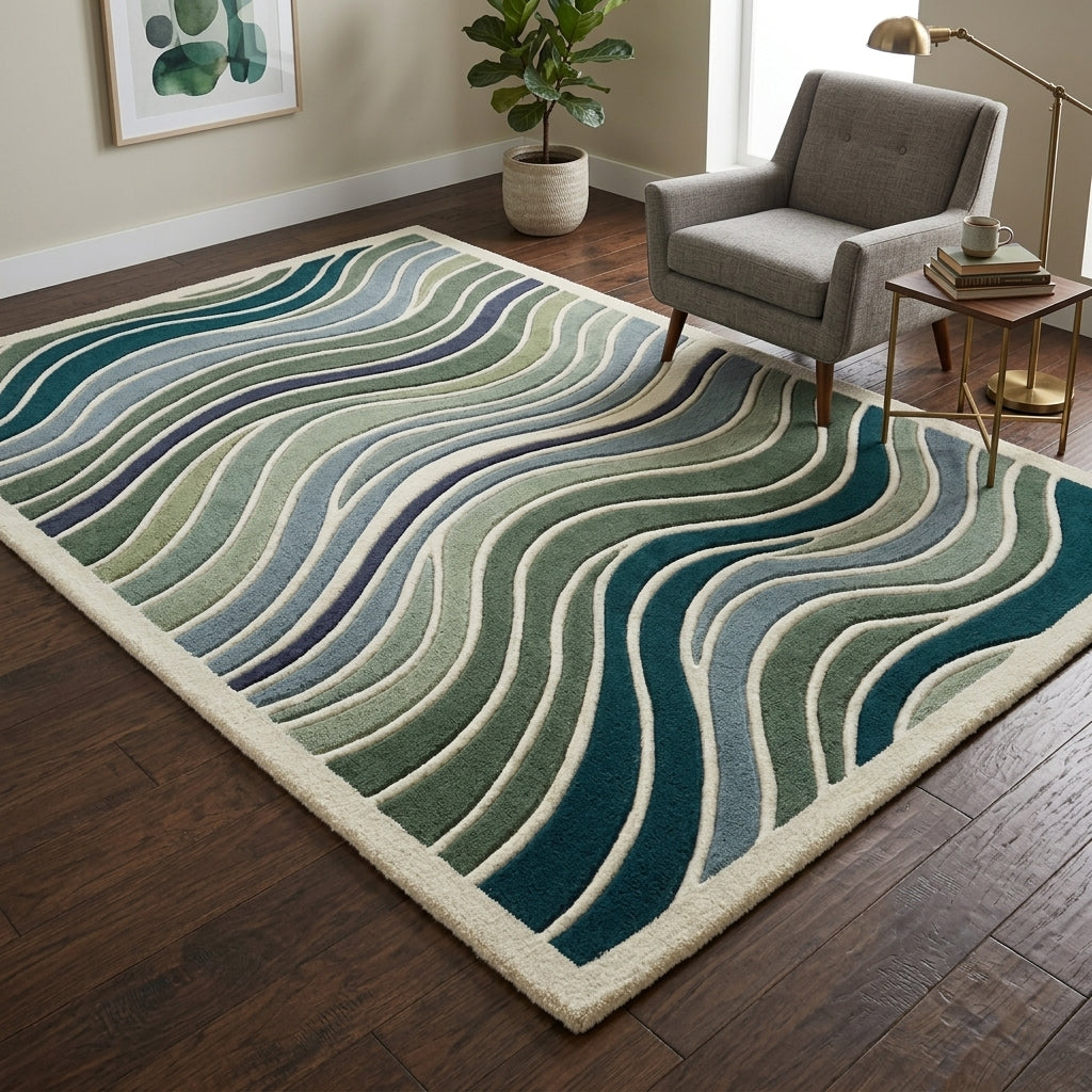 Teal & Moss Contour Waves Rug — Hero / room / overview