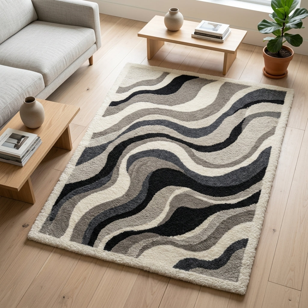 Monochrome Contour Waves Rug — Hero / room / overview