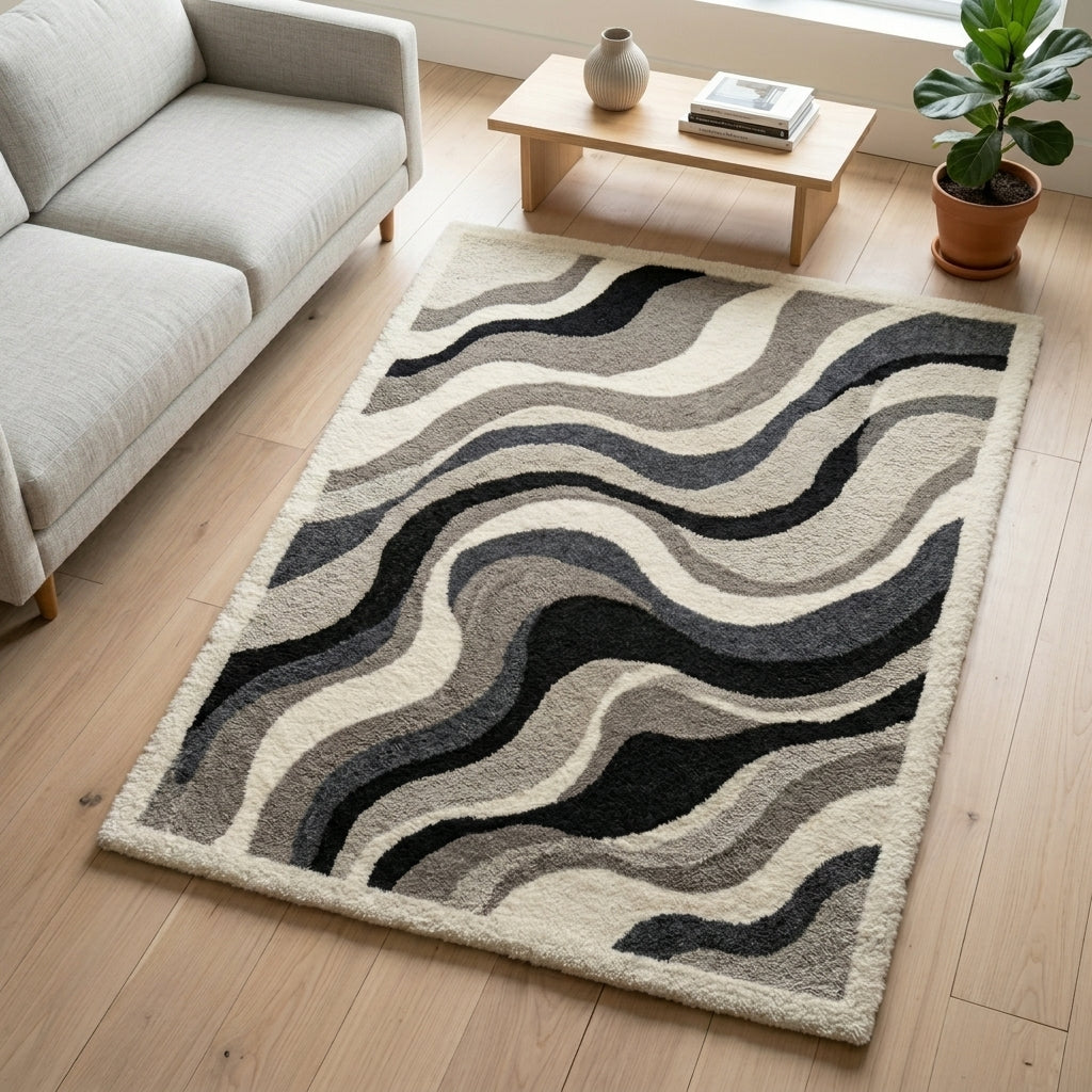 Monochrome Contour Waves Rug — Hero / room / overview