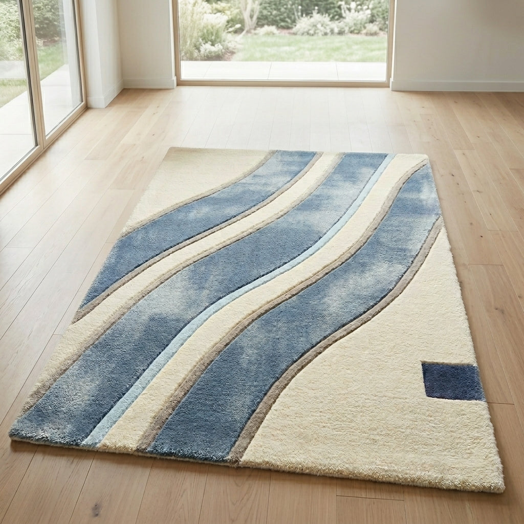 Denim Wave — Cream & Blue Soft Wave Rug — Hero / room / overview